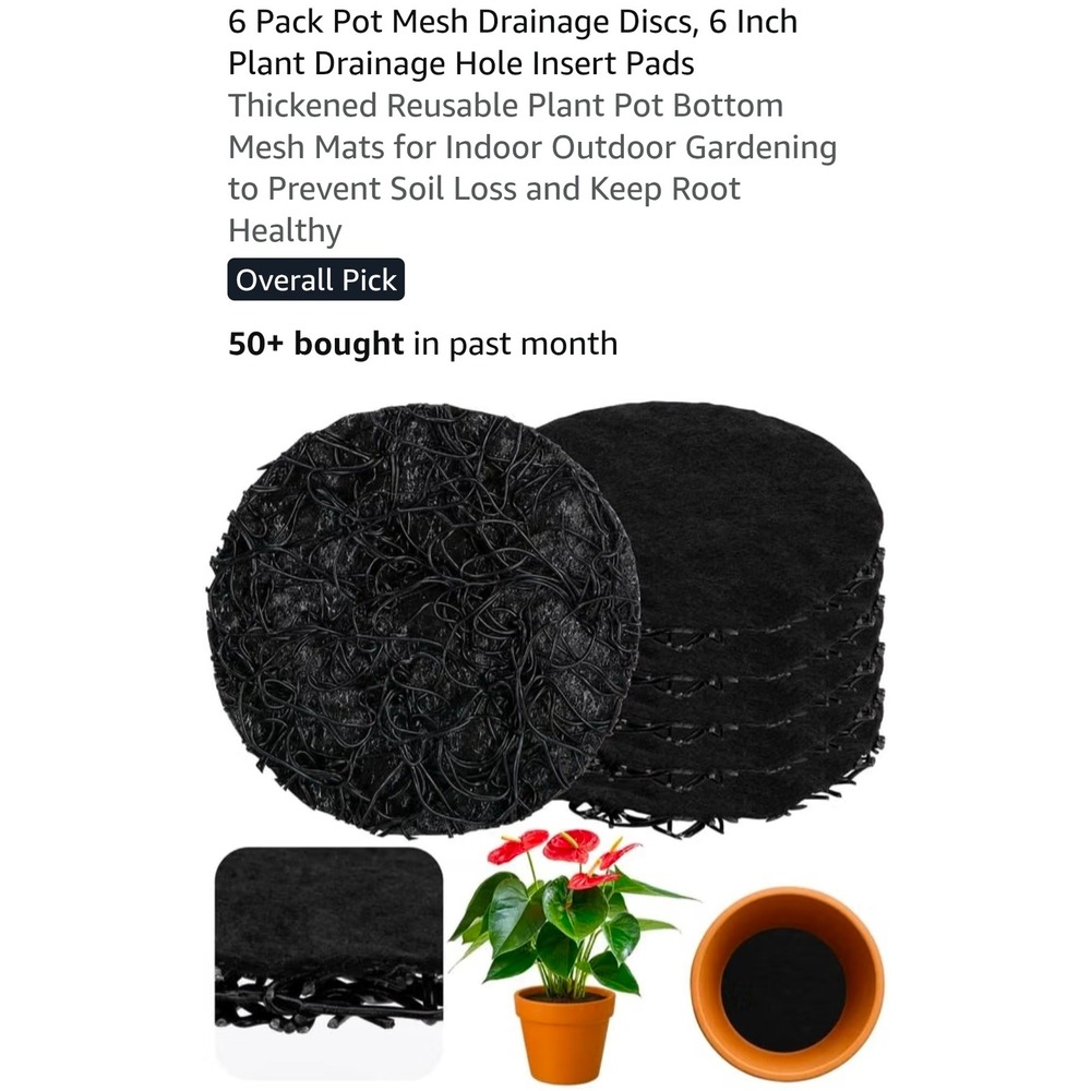 YENXIKU 6 Pack 6 Inch Plant Pot Mesh Drainage Hole Insert Pads Black Reusable
